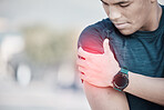 Fitness, man and shoulder pain after training, exercise and guy with muscle tension, strain and ache. Arm, male and athlete with red highlight, injury and medical emergency with smartwatch and sports