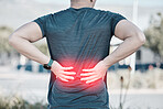 Back pain, red fitness and man running exercise or sports injury, emergency and healthcare risk. Medical, spine and athlete person with anatomy problem for training, cardio or runner workout overlay