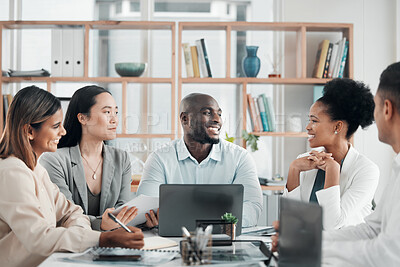 Buy stock photo Business, black man or group in meeting, budget planning and conversation in workplace, brainstorming and fintech. Teamwork, Nigerian male leader and staff talking, accounting and portfolio for sales