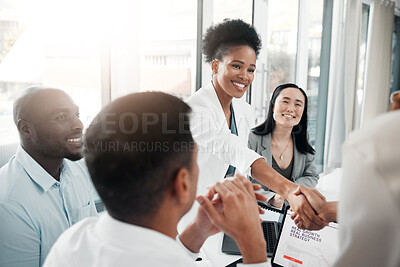 Buy stock photo Healthcare, onboarding and handshake, doctors meeting in hospital office interview with HR recruitment agent. Diversity, human resources and black woman doctor shaking hands in welcome or thank you.