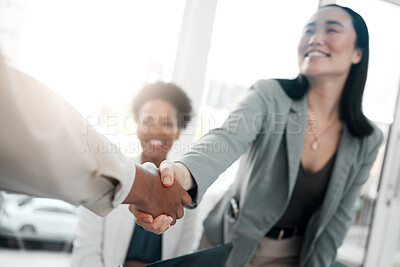 Buy stock photo Healthcare, onboarding and handshake, doctors at job interview, meeting with HR recruitment agent. Diversity, human resources and hiring, asian woman shaking hands with doctor in welcome or thank you