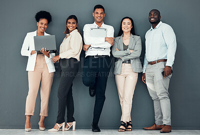 Buy stock photo Business people, diversity and team, portrait with collaboration, happy and solidarity against wall background. Success, young professional group and working together with laptop, support and trust