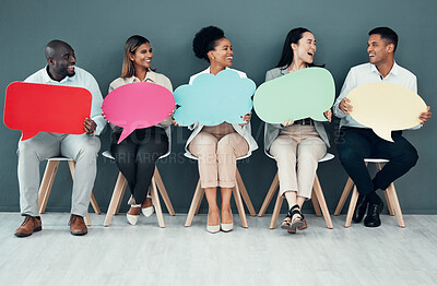 Buy stock photo Business people, group and speech bubble in office for recruitment, comic laughing and team opinion poster. Teamwork mockup, happiness and mission with diversity, solidarity and success in hr agency
