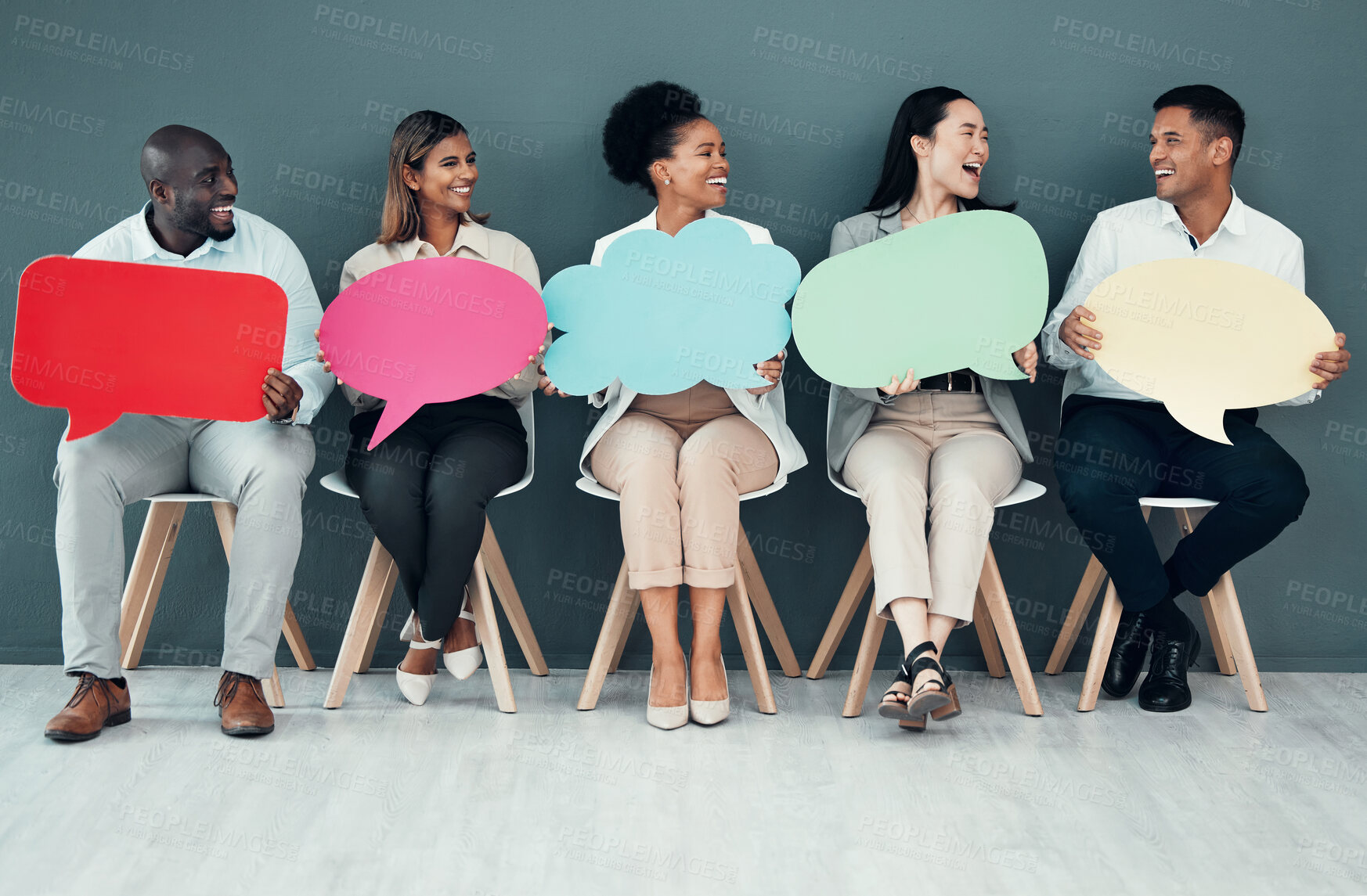 Buy stock photo Business people, group and speech bubble in office for recruitment, comic laughing and team opinion poster. Teamwork mockup, happiness and mission with diversity, solidarity and success in hr agency