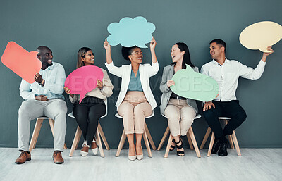 Buy stock photo Business people, social media and speech bubble for comment, opportunity and join us in waiting room. Voice, poster and opinion mockup by group with diversity, message or announcement