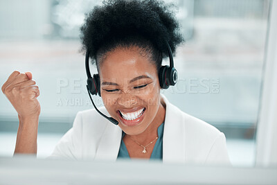 Buy stock photo Crm celebration, telemarketing success and black woman in a call center with customer support. Web consultant, happy and lead generation worker at a office computer with a smile from consultation
