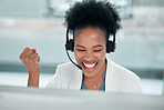 Crm success, telemarketing and excited black woman in a call center with customer support. Web consultant, happy and lead generation worker at a office computer with a smile from consultation sale