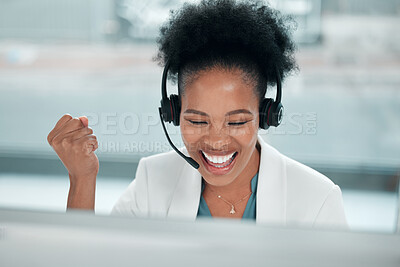 Buy stock photo Crm success, telemarketing and excited black woman in a call center with customer support. Web consultant, happy and lead generation worker at a office computer with a smile from consultation sale