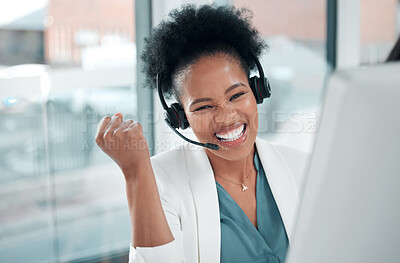 Buy stock photo Success fist, call center and woman winning, bonus and sales target in telemarketing achievement portrait. Excited, promotion and african consultant, agent or winner person with yes hand celebration