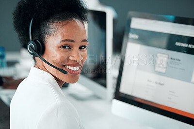 Buy stock photo Crm, telemarketing and black woman portrait in a call center with customer support success. Web consultant, happy and lead generation worker at a office computer with a smile from consultation