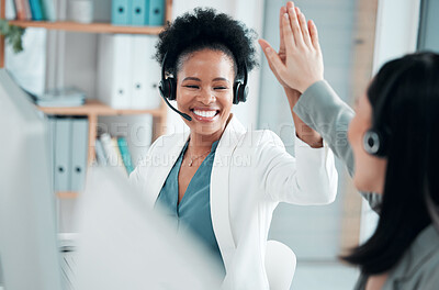Buy stock photo Success, teamwork and high five with black woman in call center for customer support, contact us and communication. Winner, goals and target with people in office for deal, consulting and help desk 