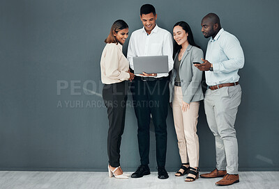 Buy stock photo Business people, group and laptop in office with coach for learning, proposal and together by wall background. Young executive team, diversity and mentor with men, women and computer for coaching
