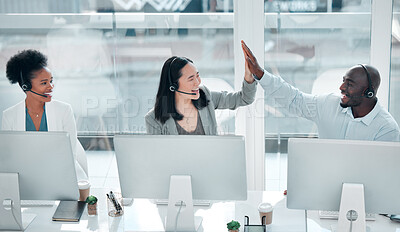 Buy stock photo Success, teamwork and high five with people in call center for customer support, contact us and communication. Winner, goals and target with asian woman in office for deal, consulting and help desk 