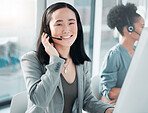 Call center, consulting and portrait of asian woman at computer for customer service, telemarketing and help desk. Happy, smile and contact us with consultant for technical support, advisory or sales