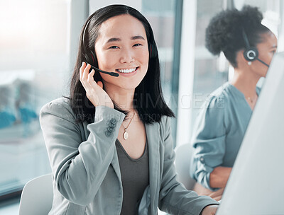 Buy stock photo Call center, consulting and portrait of asian woman at computer for customer service, telemarketing and help desk. Happy, smile and contact us with consultant for technical support, advisory or sales