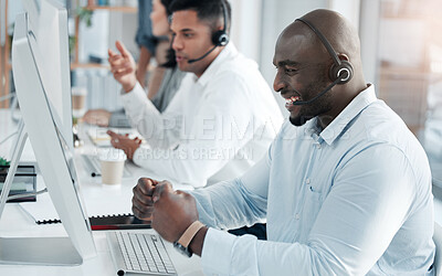 Buy stock photo Success, consulting and call center with black man at computer for deal, customer service and telemarketing. Happy, winner and target with consultant in office for technical support, sales and goals