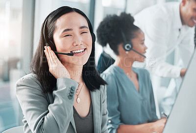 Buy stock photo Call center, smile and portrait of asian woman at computer for customer service, telemarketing and help desk. Happy, solution and contact us with consultant for technical support, advisory and sales