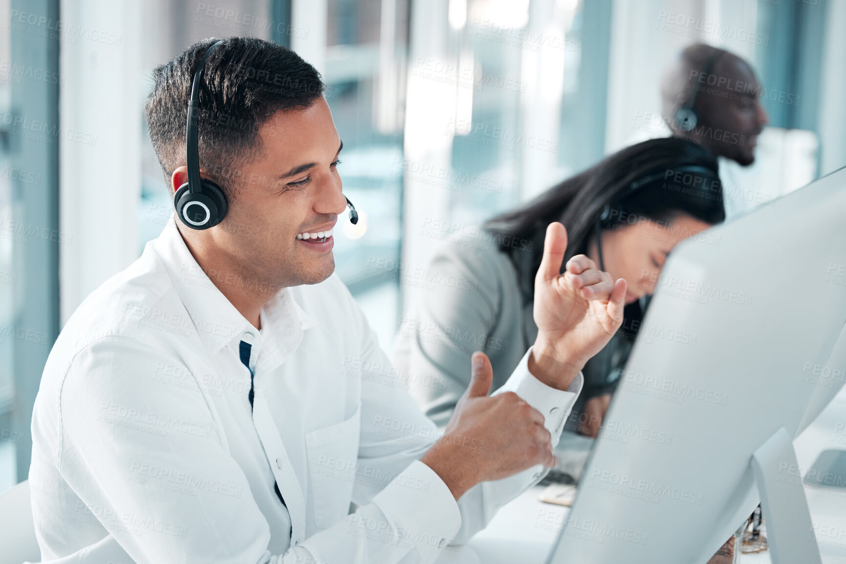 Buy stock photo Telemarketing, man and talking in office, call center and explain system, process and deadline. Male employee, agent and happy consultant with headset, customer service and tech support in workplace 