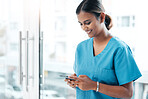 Phone, nurse and healthcare woman typing online for advice on life insurance and health website. Woman surgeon or doctor and smartphone writing communication, online consultation and medical research