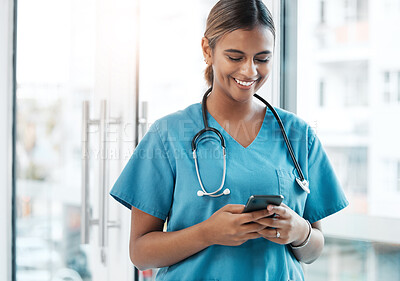 Buy stock photo Contact, social media and doctor with a phone for communication, email and schedule. Internet, reading and woman nurse typing on a mobile for an app chat, healthcare research and conversation