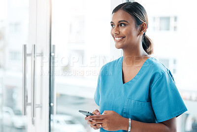 Buy stock photo Nurse, phone and healthcare while thinking of idea or mockup space for life insurance and website. Woman surgeon or doctor with smartphone for communication, online consultation and medical research