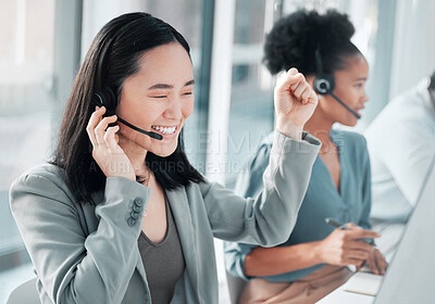 Buy stock photo Call center, success and asian woman at computer in office for customer service, telemarketing and deal. Happy, target and contact us with consultant for technical support, advisory and winner