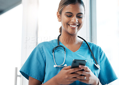 Buy stock photo Nursing, social media and doctor with a phone for communication, email and schedule. Medicine, internet and woman nurse typing on a mobile for an app chat, healthcare research and conversation