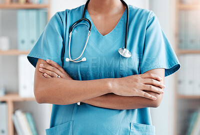 Buy stock photo Closeup, healthcare and proud, woman and doctor at hospital for medicine or health goal. Confident nurse, hands and professional surgeon ready for help with medical service while working at a clinic