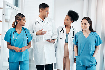 Buy stock photo Doctor team tablet, hospital conversation and healthcare staff communication with data. Teamwork, nurse collaboration and doctors in a wellness and health clinic with nurses discussion and diversity