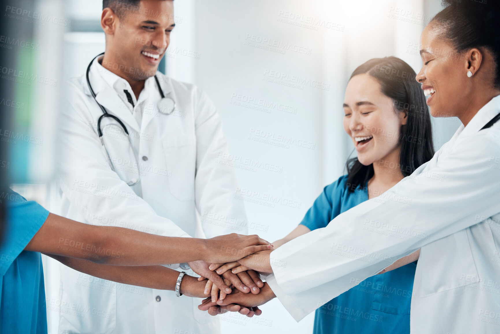 Buy stock photo Collaboration, doctors and hands in support of healthcare, mission and goal motivation in a hospital. Surgeon, diversity and team hand connect for vision, partnership and teamwork, unity and vision