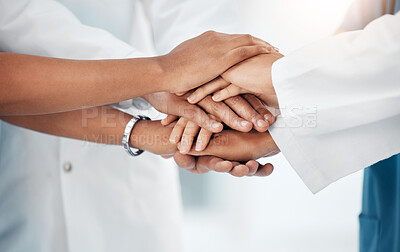 Buy stock photo Support, medical and teamwork with hands of doctors for community, collaboration and diversity. Mission, healthcare and goal with stack and group of people for motivation, medicine and solidarity
