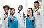 Nurses, doctors and thumbs up portrait of healthcare team for life insurance, support and thank you. Hand sign of diversity women and men happy for medical teamwork in hospital with trust and care