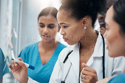 Buy stock photo Brainstorming, leadership and medical with black woman in research meeting, teamwork and strategy with sticky note. Healthcare, planning and idea with group of doctors for goals, medicine or data