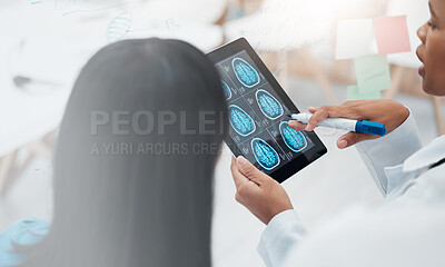 Buy stock photo Doctors, tablet screen and neurology mockup team talking healthcare and brain analysis. Medical expert women hands with technology for mri assessment, research and innovation for health therapy plan