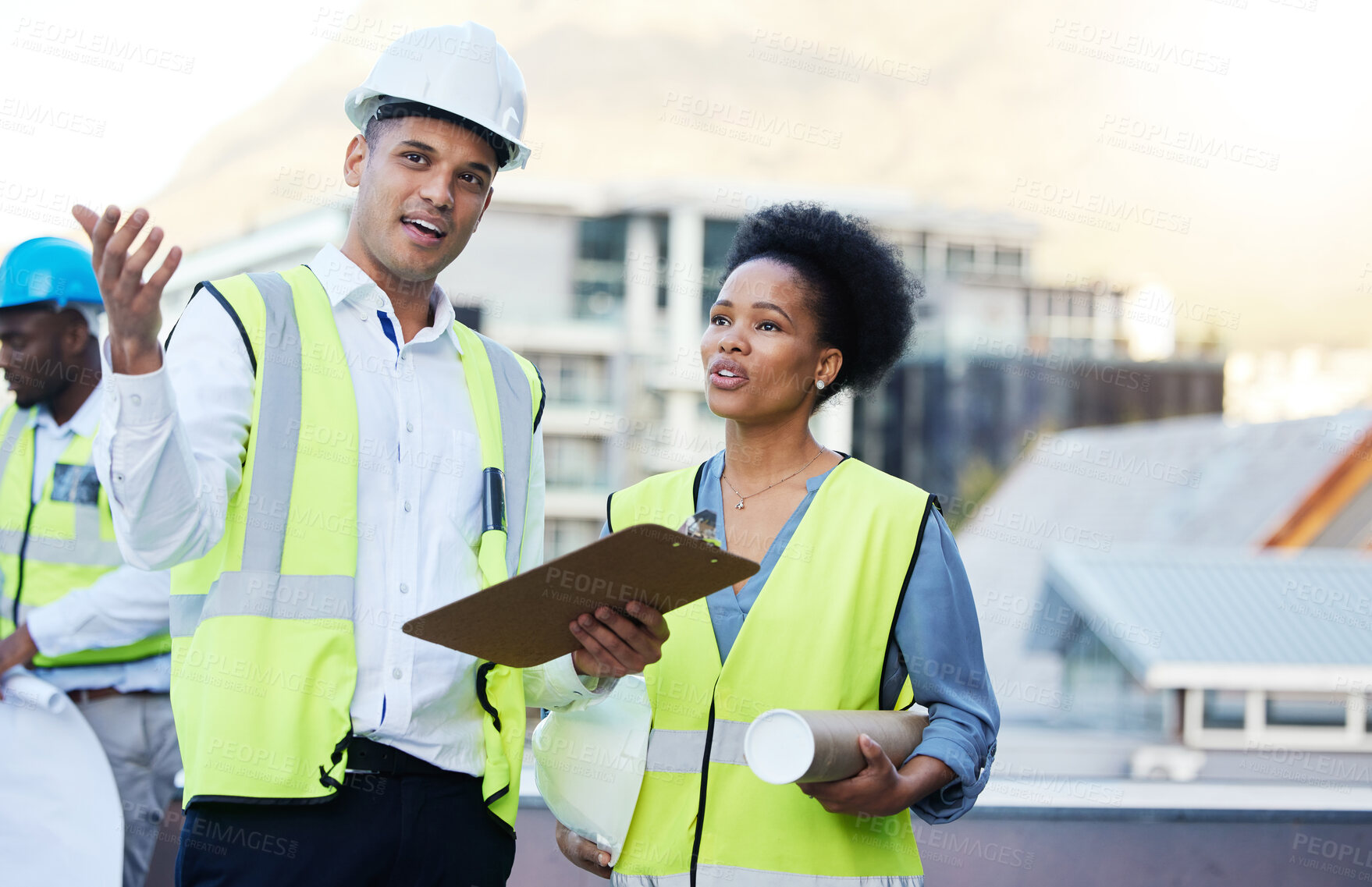 Buy stock photo Engineering, clipboard and construction workers planning project in collaboration on outdoor site. Teamwork, professional and industrial employees with checklist for maintenance, repairs or building.