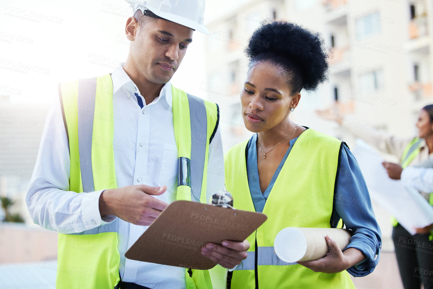 Buy stock photo Clipboard, construction and team of people planning paperwork of property, engineering and architecture. Black woman, man and project management for industrial buildings, collaboration and logistics 