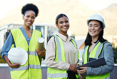 Buy stock photo Engineering, team and portrait of a construction workers on a site outdoor in the city in collaboration. Teamwork, colleagues and group of female industrial employees planning a building project.