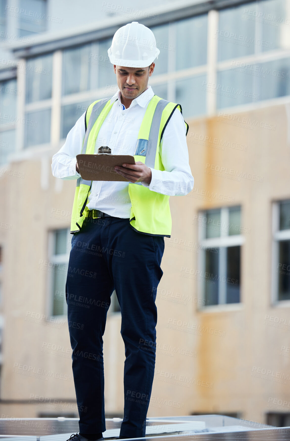 Buy stock photo Notes, planning and construction worker writing about building progress, inspection and maintenance. Security, industrial and safety man on a site to check repairs, architecture and contractor work