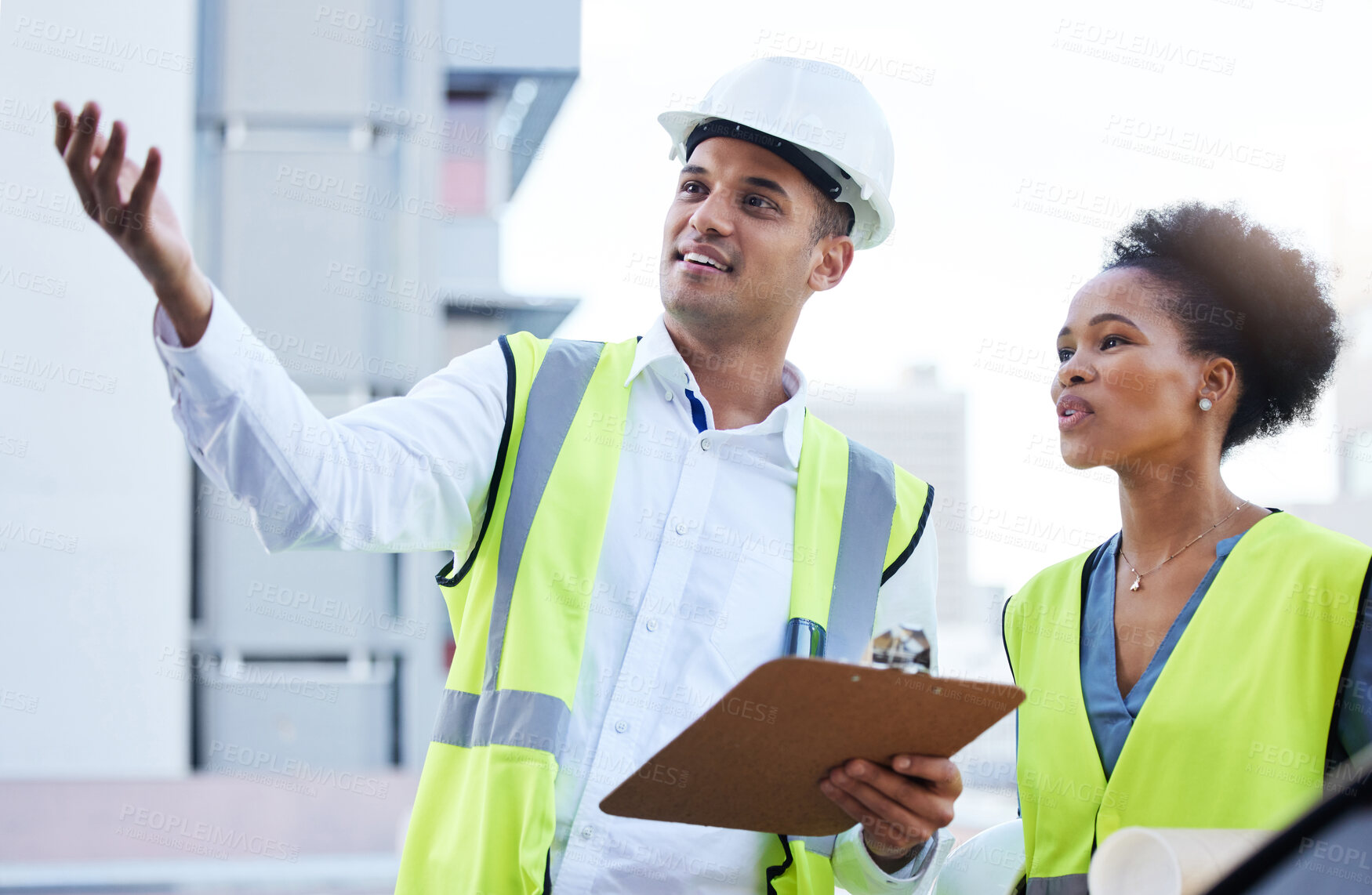Buy stock photo Planning, clipboard and team of construction workers working in collaboration on an outdoor site. Teamwork, professional and industrial employees with a checklist for maintenance, repairs or building