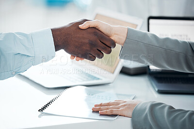 Buy stock photo Welcome, teamwork and handshake with business people in office for contract, B2B and collaboration. Deal, partnership and thank you with employee shaking hands for negotiation, meeting and hiring