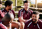 Break, rugby and team of sports men talking, relax and share ideas for training at a field. Fitness, friends and man group discuss game strategy before match, workout and planning practice in huddle