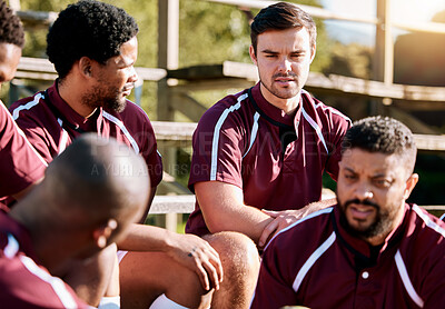 Buy stock photo Break, rugby and team of sports men talking, relax and share ideas for training at a field. Fitness, friends and man group discuss game strategy before match, workout and planning practice in huddle