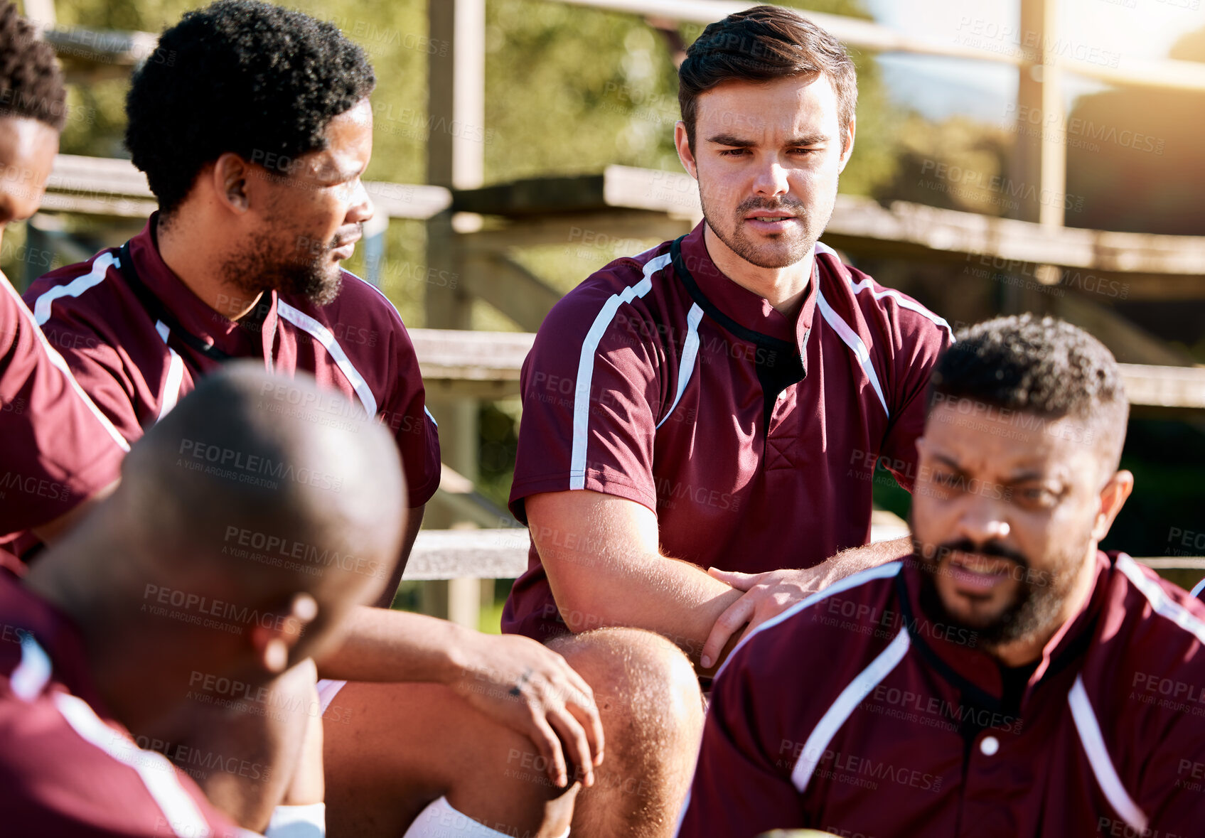 Buy stock photo Break, rugby and team of sports men talking, relax and share ideas for training at a field. Fitness, friends and man group discuss game strategy before match, workout and planning practice in huddle