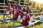 Rugby, break and team of sports men talking, relax and share ideas for training at a field. Fitness, friends and man group discuss game strategy before match, workout and planning practice in huddle