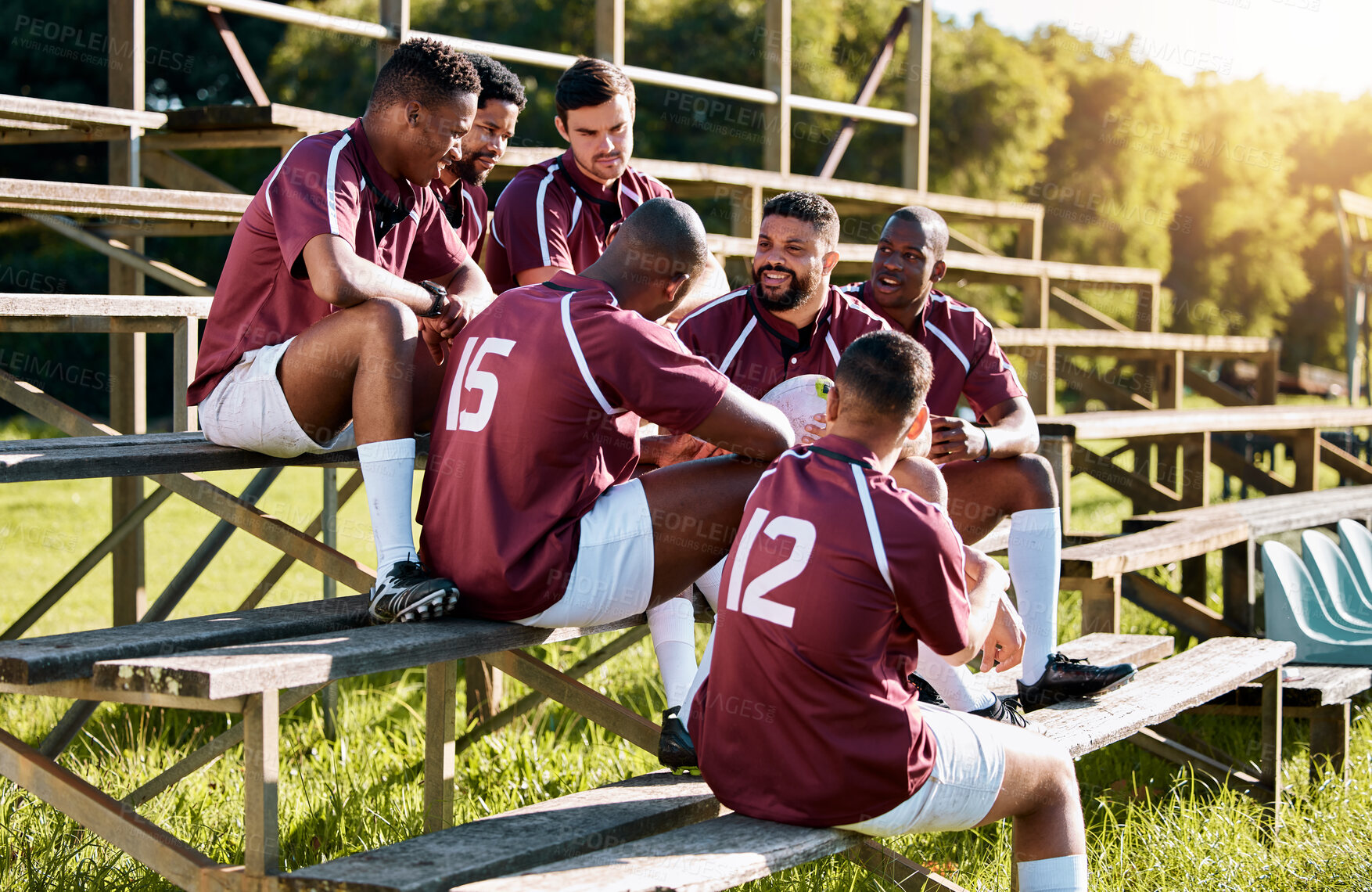 Buy stock photo Rugby, break and team of sports men talking, relax and share ideas for training at a field. Fitness, friends and man group discuss game strategy before match, workout and planning practice in huddle