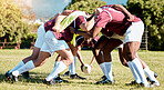 Rugby scrum, sports team and grass field exercise of training sport group outdoor. Teamwork, fitness and solidarity of men in a huddle for cardio, strength and game challenge with commitment