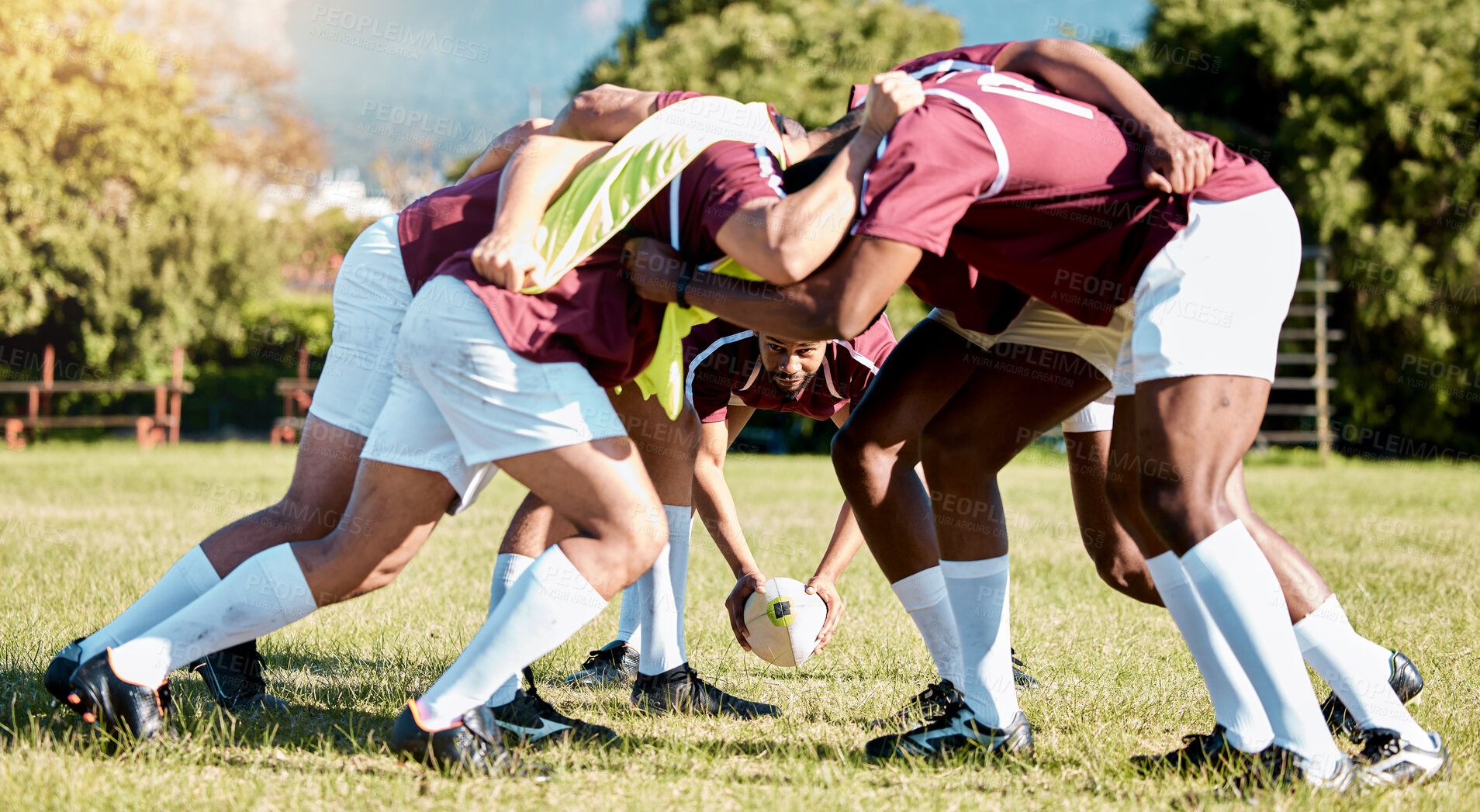 Buy stock photo Rugby scrum, sports team and grass field exercise of training sport group outdoor. Teamwork, fitness and solidarity of men in a huddle for cardio, strength and game challenge with commitment