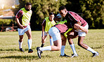 Fitness, rugby and team on field, match and training for wellness, healthy lifestyle and endurance. Sports, men and athlete on grass, playing and practice for tournament, focus and dedication outdoor