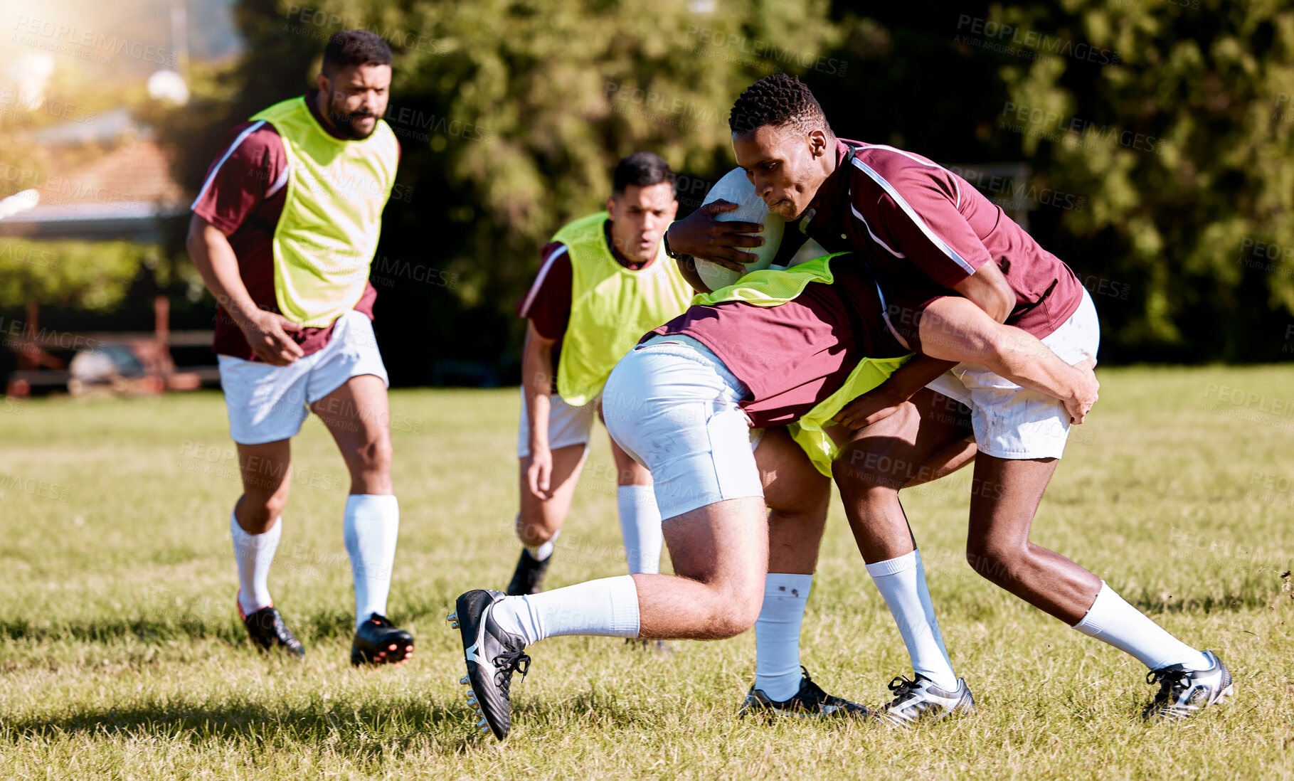 Buy stock photo Fitness, rugby and team on field, match and training for wellness, healthy lifestyle and endurance. Sports, men and athlete on grass, playing and practice for tournament, focus and dedication outdoor