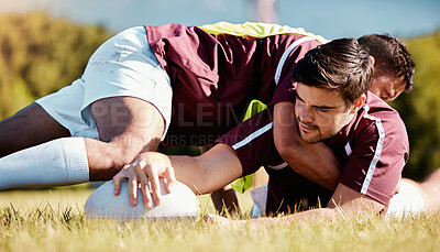 Sport,rugby and team of men in training, tackle and workout match at sports field outdoors. Athletic, man and score with ball for workout, challenge or performance, competitive and physical fitness